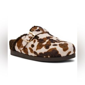 NWOB Dolce Vita Anina Cozy Buckle Cow Print Faux Fur Lined Mule Slide Sz 8